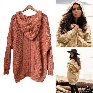 Jackson Rowe Cable Knit Cardigan Chunky Cotton Open Hoodie Fisherman Oversize